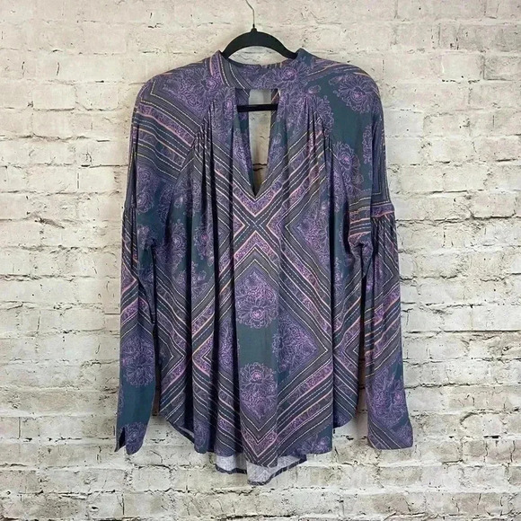 Free People S Walking on a Dream Long Sleeve Tunic Top Purple Charcoal Cut Out - Picture 2 of 8